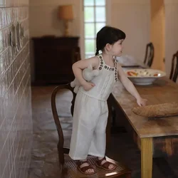 Girl Clothes Sets Summer Solid Color Linen Cotton Spaghetti Strap Emboried Tops Wide Leg Pants 2Pcs Outfits Sets With Pants 2-7Y
