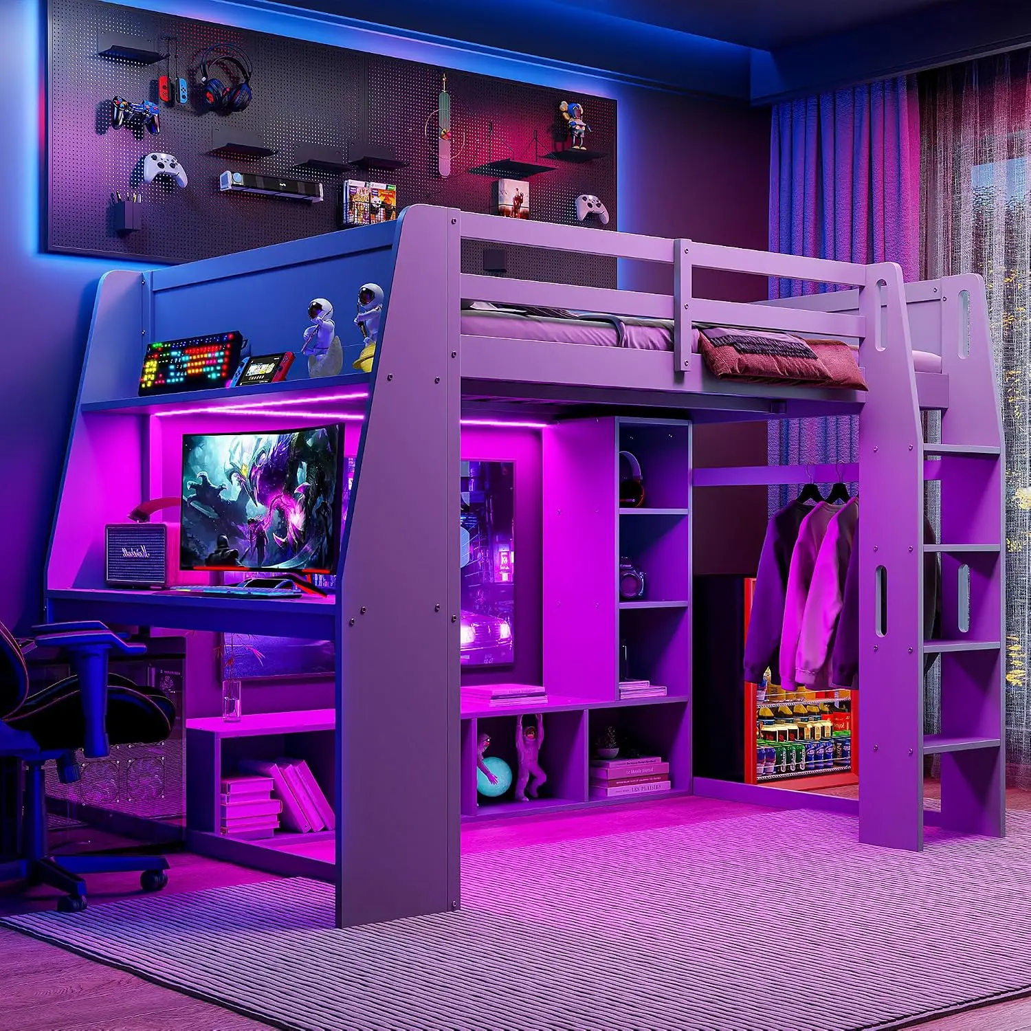 Full Size Gaming Loft Bed with Desk, Shelves, LED & Clothes Rack, Space-Saving Wooden Frame for Dorms & Apartments, Customized