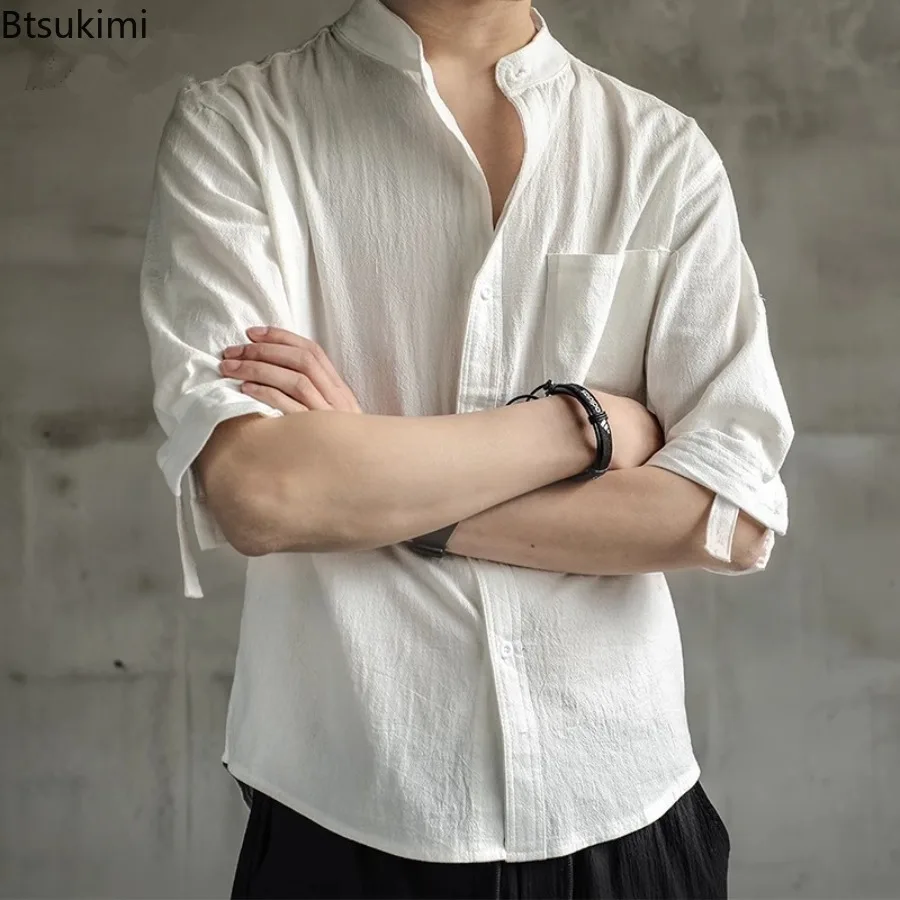 

Men's Japanese Retro Solid Color Linen Simple Shirts Spring New Style Versatile Loose Casual Short Sleeved Shirt Men's Clothing