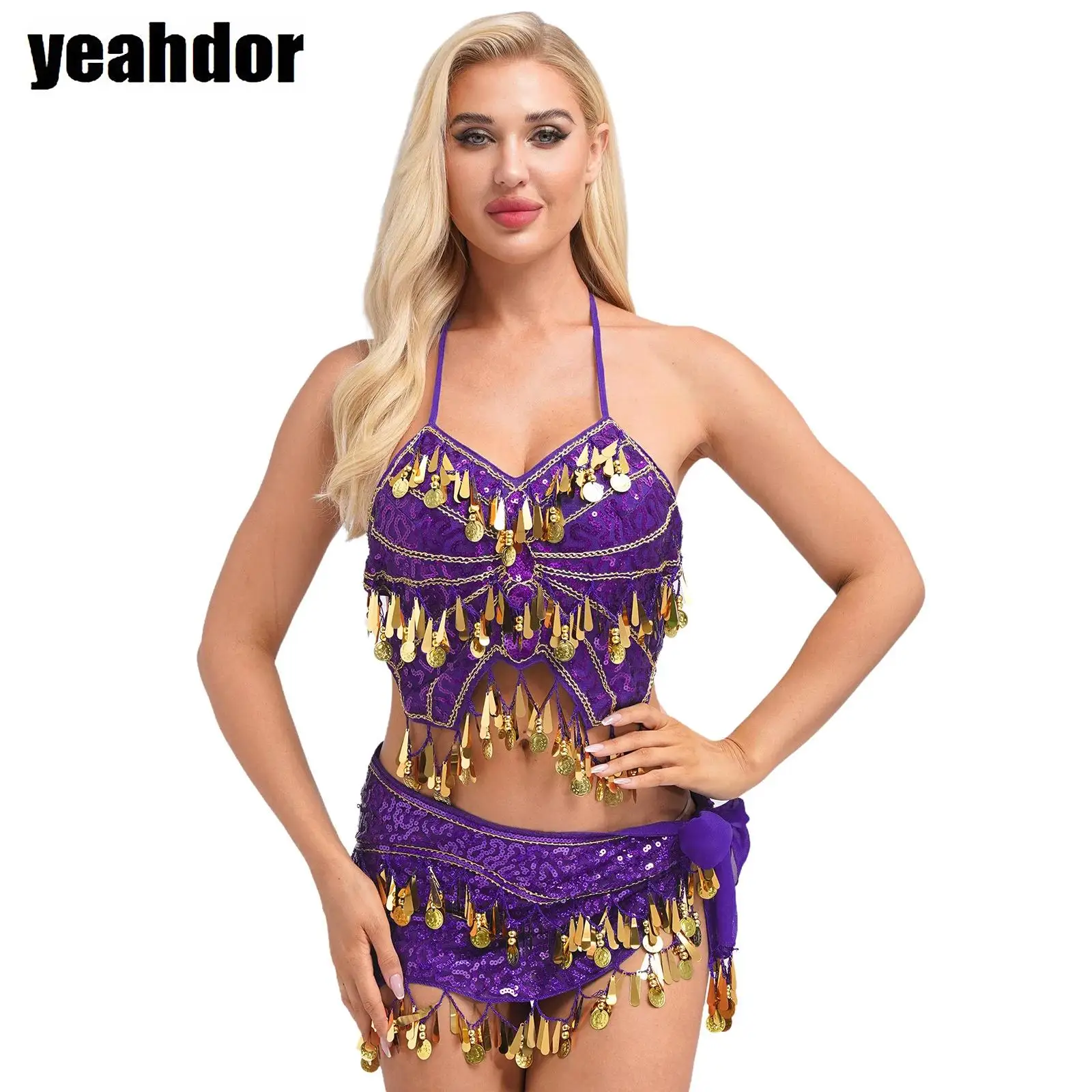 

Womens Sequins Belly Dance Sets Irregular Camisole Crop Top with Plastic Beads Tassels Waist Chain Hip Scarf Dancewear