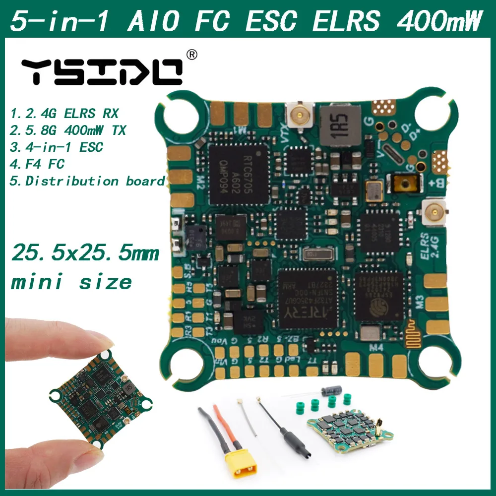 

YSIDO AT32F435 mini 5in1 AIO 32Bit ESC ExpressLRS ELRS 2.4G&5.8G 400mW VTX 25.5*25.5 for FPV Tinywhoop Toothpick Drones