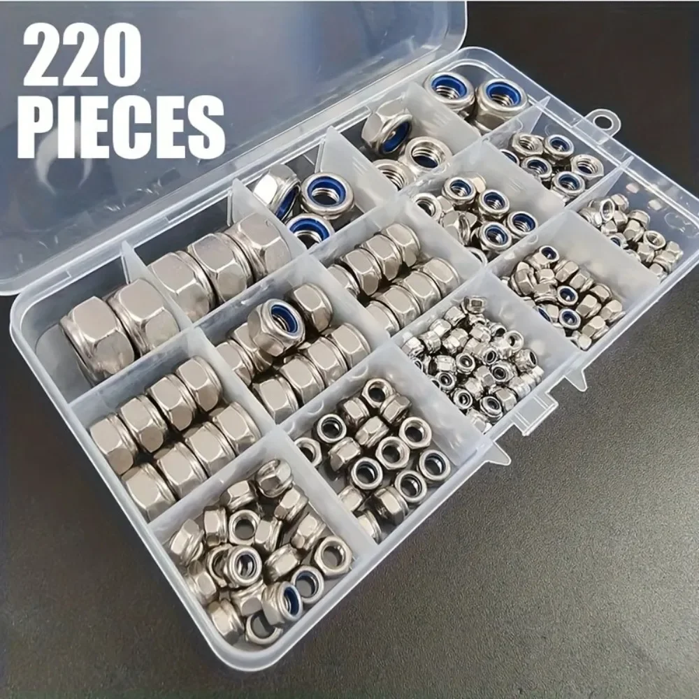 220 pieces of M3 M4 M5 M6 M8 M10 M12 stainless steel nylon embedded anti-slip and anti-loosening self-locking nuts.