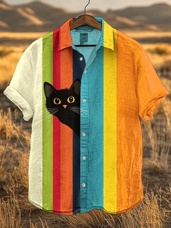 Men's Black Cat Color Block Stripe Art Shirts 3D Print Casual Anime Shirts Summer Men Women Short Sleeve Blouse Y2k Hawaiian Top