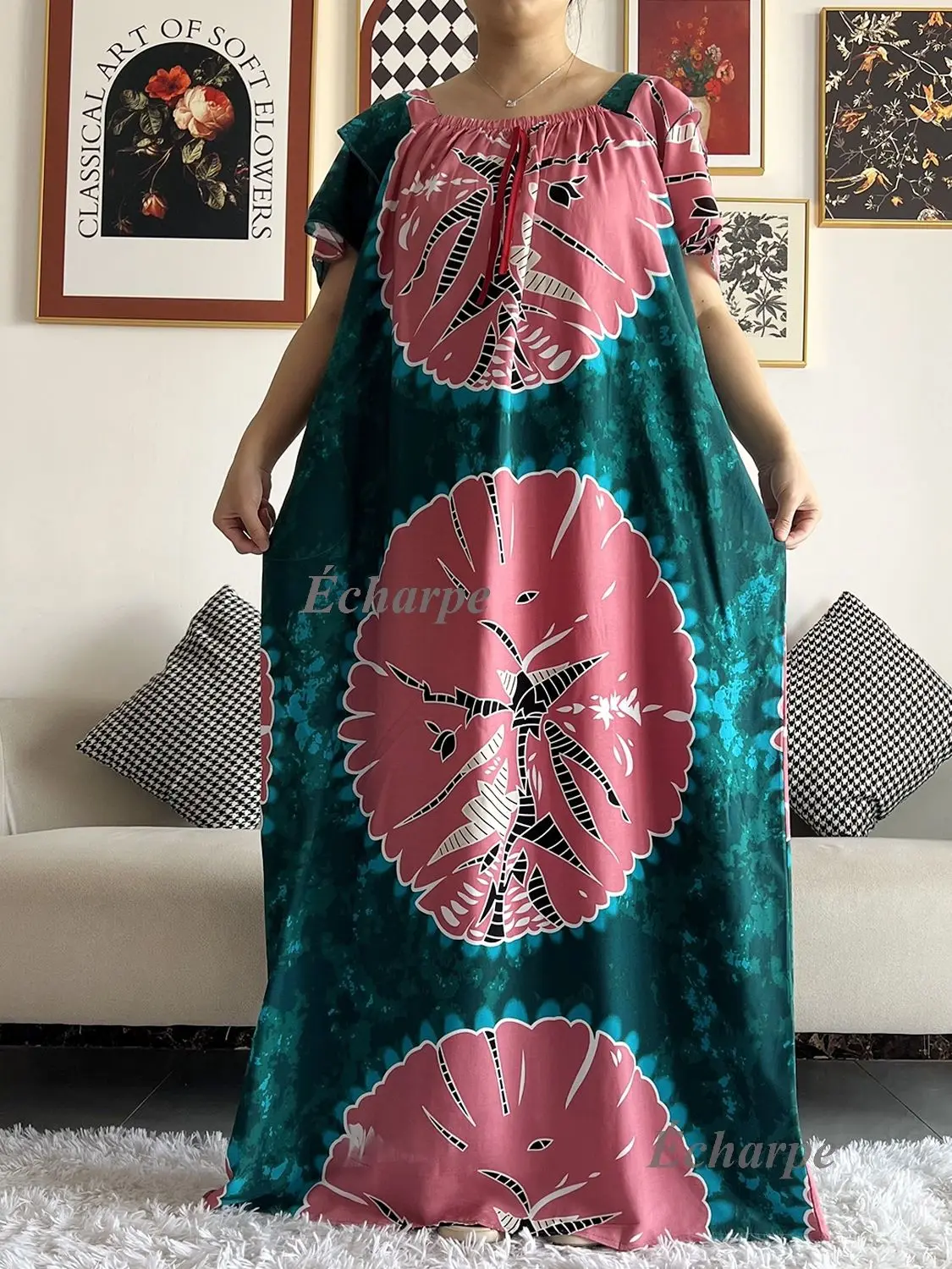 2023 African Dashiki Dress Kaftan Abaya Cotton Boat-neck Floral Dress Printed Short Sleeve Loose Women Casual Dress with Scarf