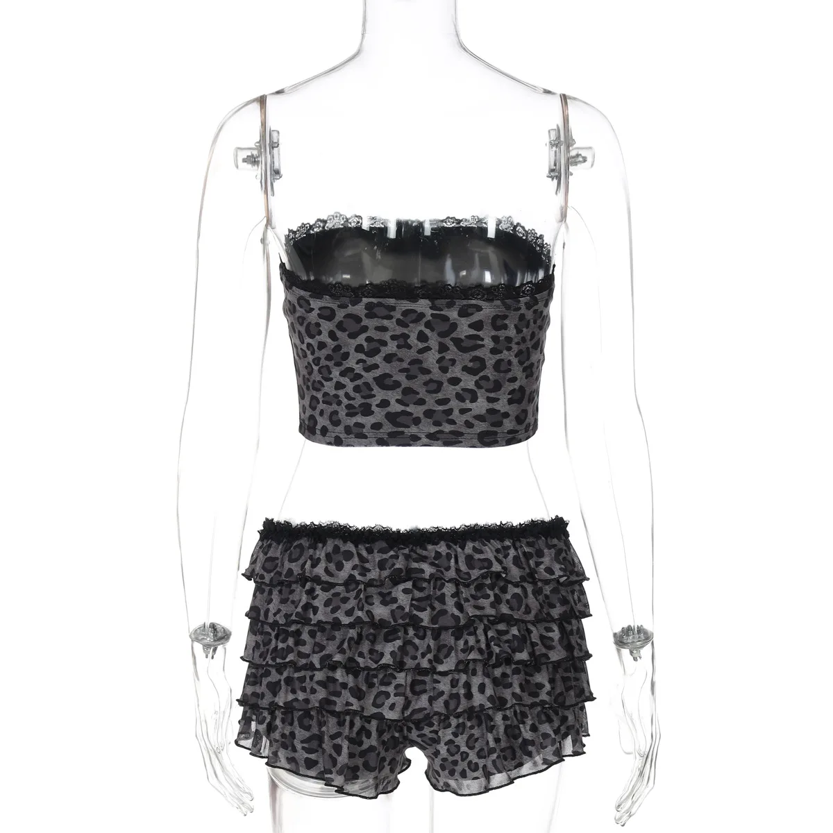 2025 Summer Leopard Print 2 Piece Set Women Sexy Lace Patchwork Strapless Crop Tops + Cascading Ruffles Shorts Clubwear Suits