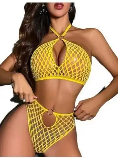 المرأة مثير شبه شفافة الرسن البرازيلي سراويل مجموعة الدانتيل متابعة بيكيني شبكة صيد السمك الجوف خارج معلقة الرقبة أكمام بيكيني أنيقة 1C46