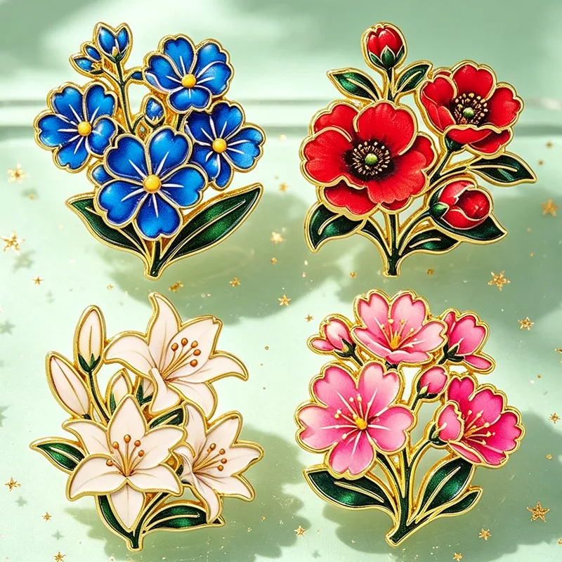 Cute Vintage Colorful Floral Enamel Pin Lily Cherry Poppy Blue Flower Leaf Brooch Backpack Hat Clothes Plant Lovers Daily Gifts view 4