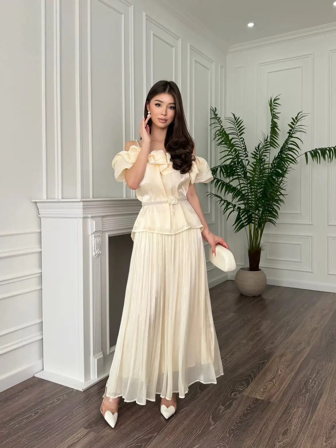 Cream White Evening Two Piece Set Off Shoulder Ruffle Short Sleeve Thin Spaghetti Strap Matching Waist Belt With Pearl Flower De