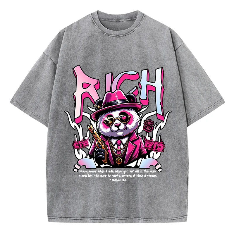 Cotton Womens Acid Wash T-Shirts Rich Cartoons Panda Printing Tees Oversize Distressed O-Neck Short Sleeve Casual Female Clothes