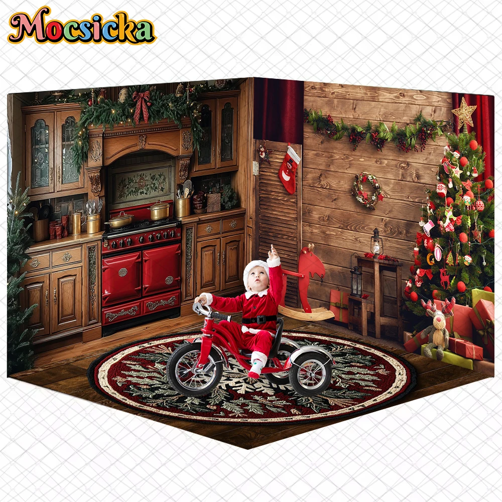 Mocsicka Christmas Photography Background Home Xmas Tree Kitchen Decors Family Festival Party Photo Backdrops Studio Room Banner