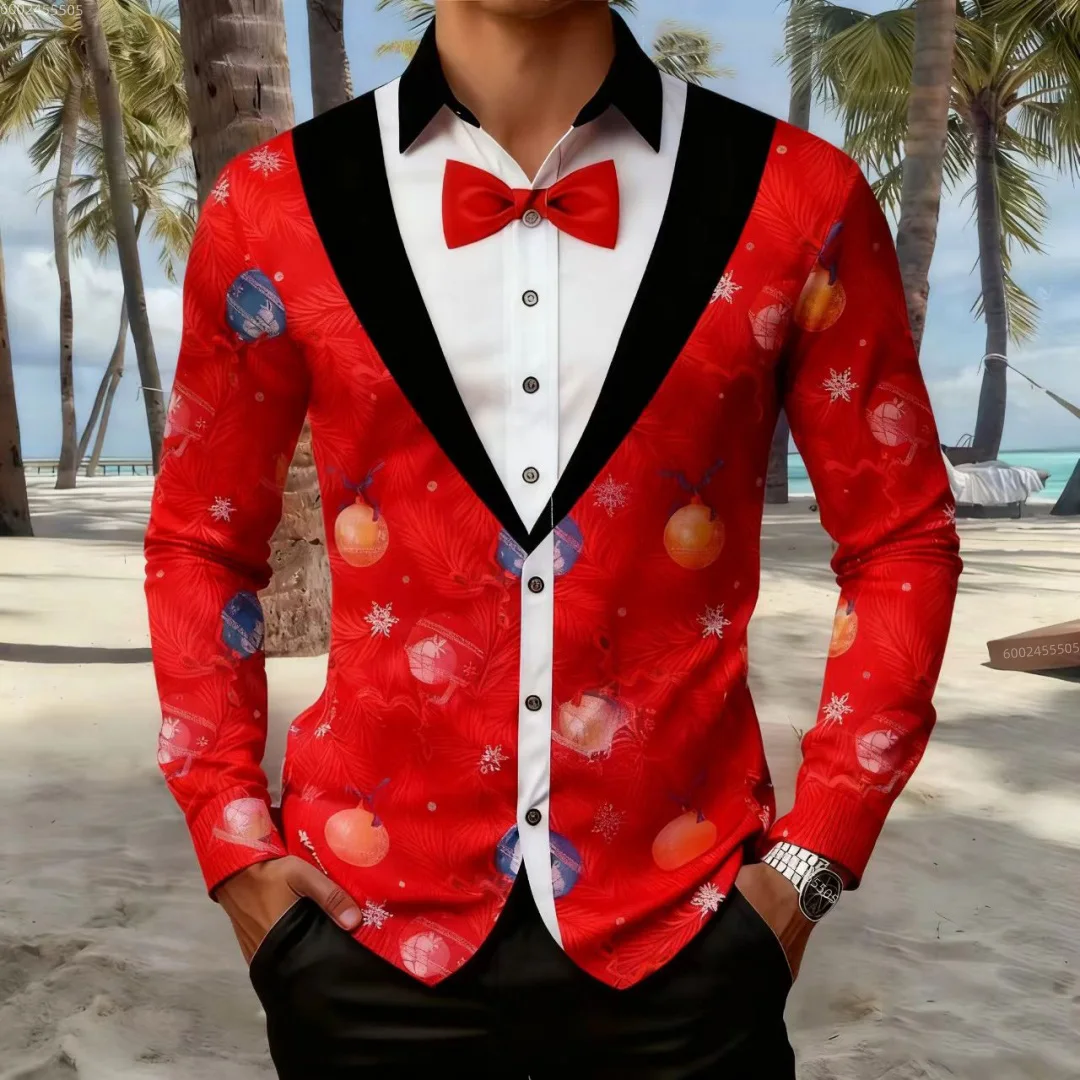 

Christmas-themed men's faux leather suit coat with printed formal shirt, 3D pattern long-sleeved shirt, men's fashionable shirt,