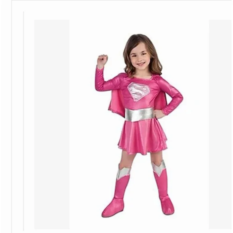 

Hot children pink Suman girl dress, Halloween cosplay party super hero Suman costume with cape,boots,belt