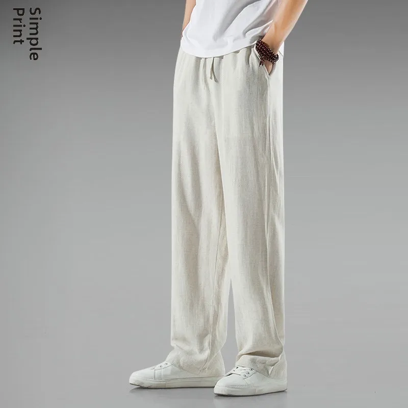 

Summer Men's Linen Pants Loose Fit Casual Trousers Vintage Large Size Drapey Wide Leg Cotton Linen Zipper Decorated Busin ...