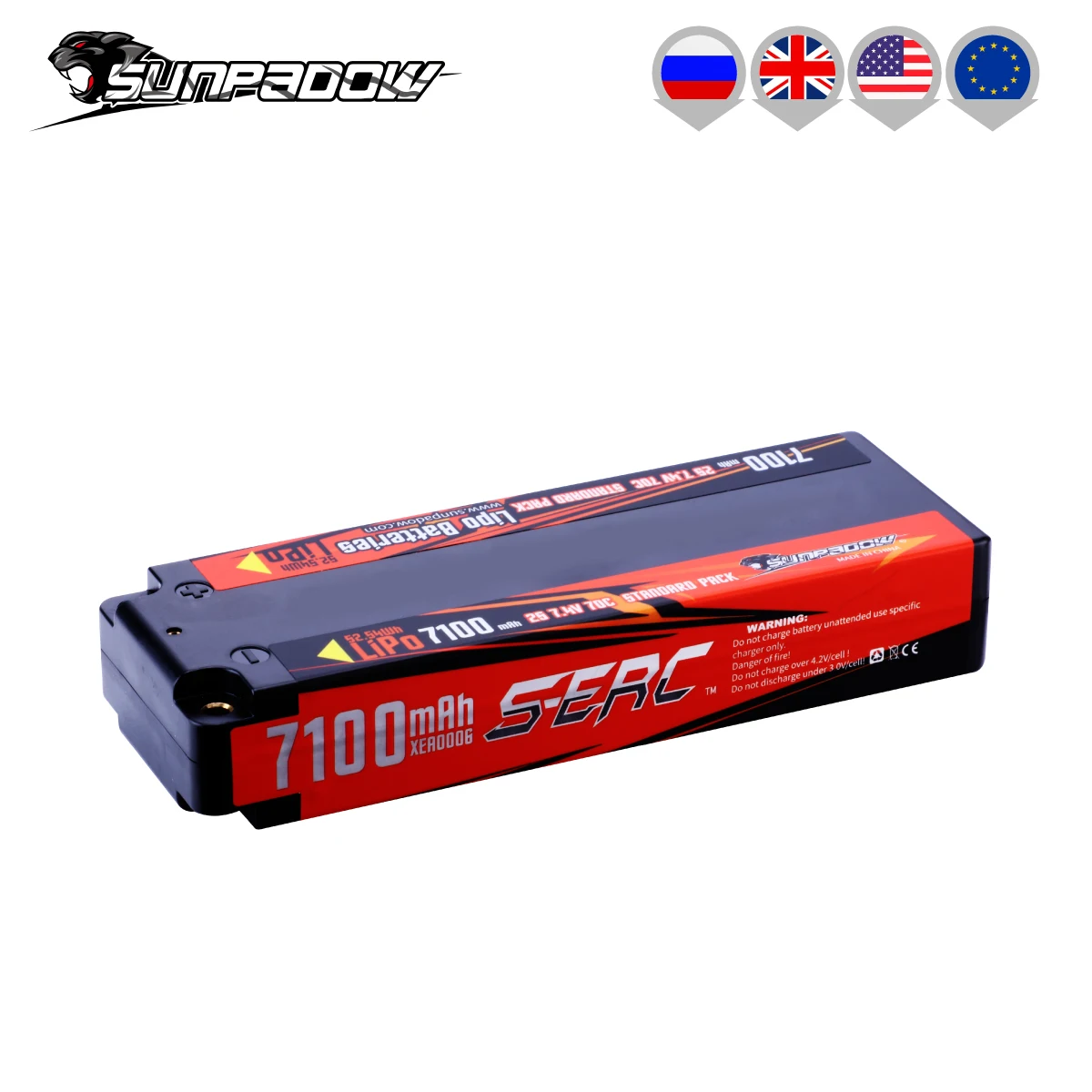 Sunpadow 7100mAh 2S Lipo Battery 7.4V 70C Hard Case with 4mm Bullet for RC Vehicles Car Truck Tank Buggy Truggy Racing 2Packs