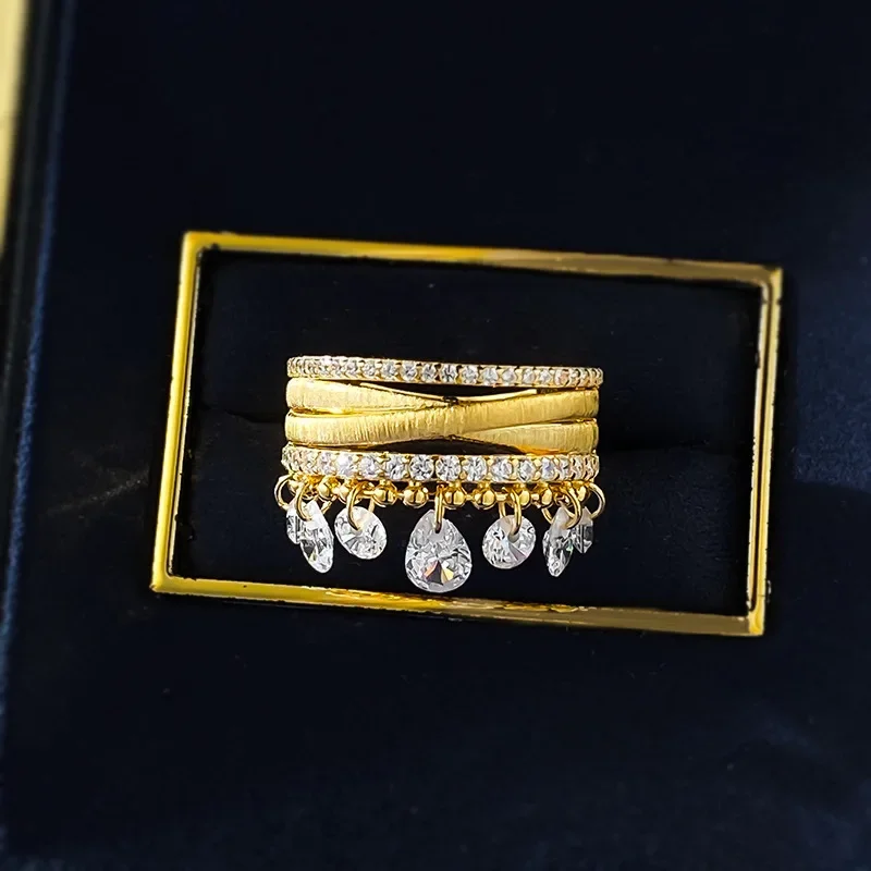 Belluex Vintage Tassel Diamond  Jewelry S925 Silver Gold Plated Multilayer Fashion Women\'s Ring