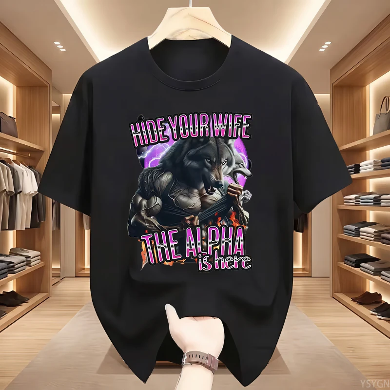 Hide Your Wife Alpha Is Here Funny Werewolf Expression Pack T-shirt Women Fashion Hip Hop Short Sleeve T-shirt Casual T-shirt