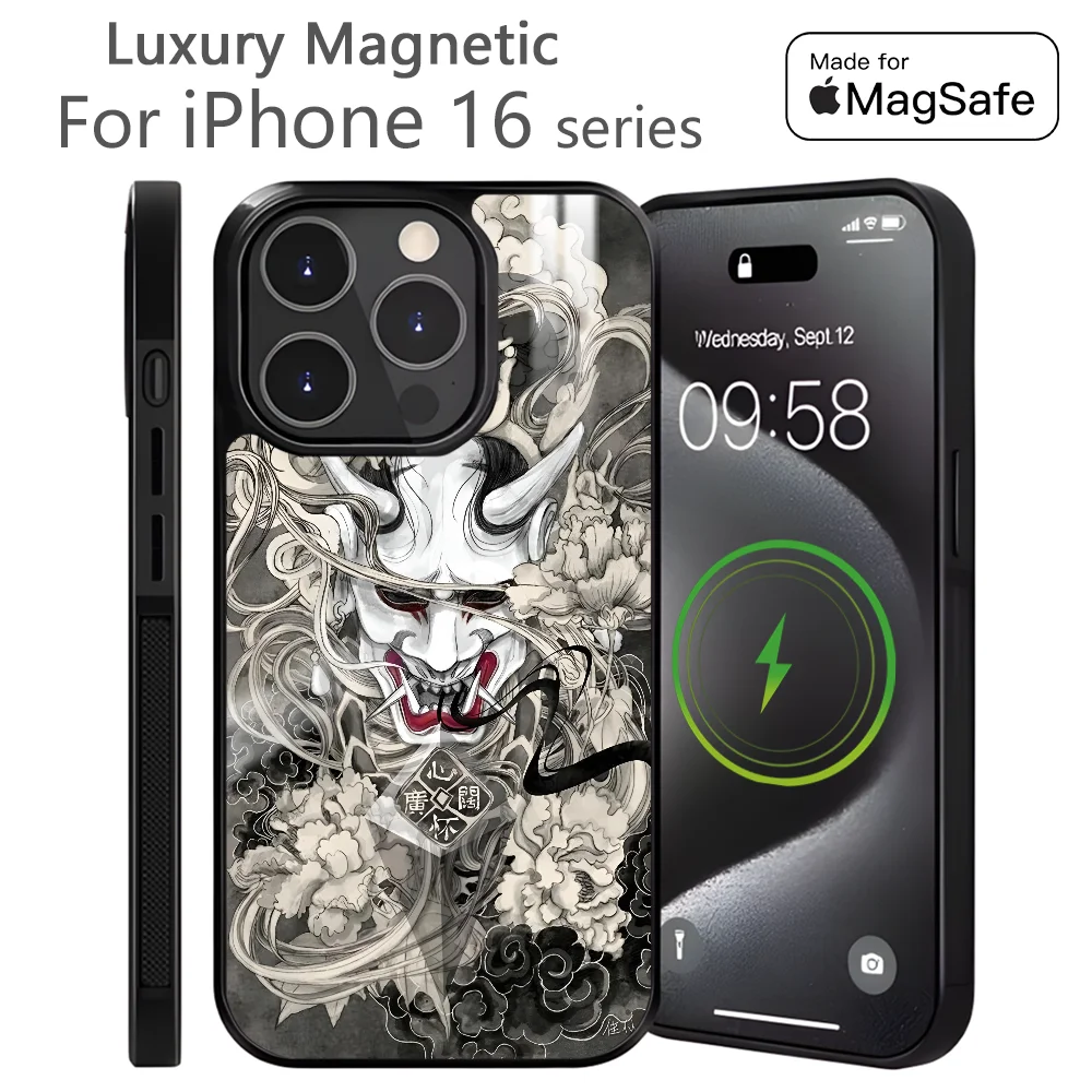 Oni Hannya Samurai Demon Phone Case For iPhone 16 15 14 13 12 11 Pro Max Plus Mini Magnetic Magsafe Wireless Charging Cover