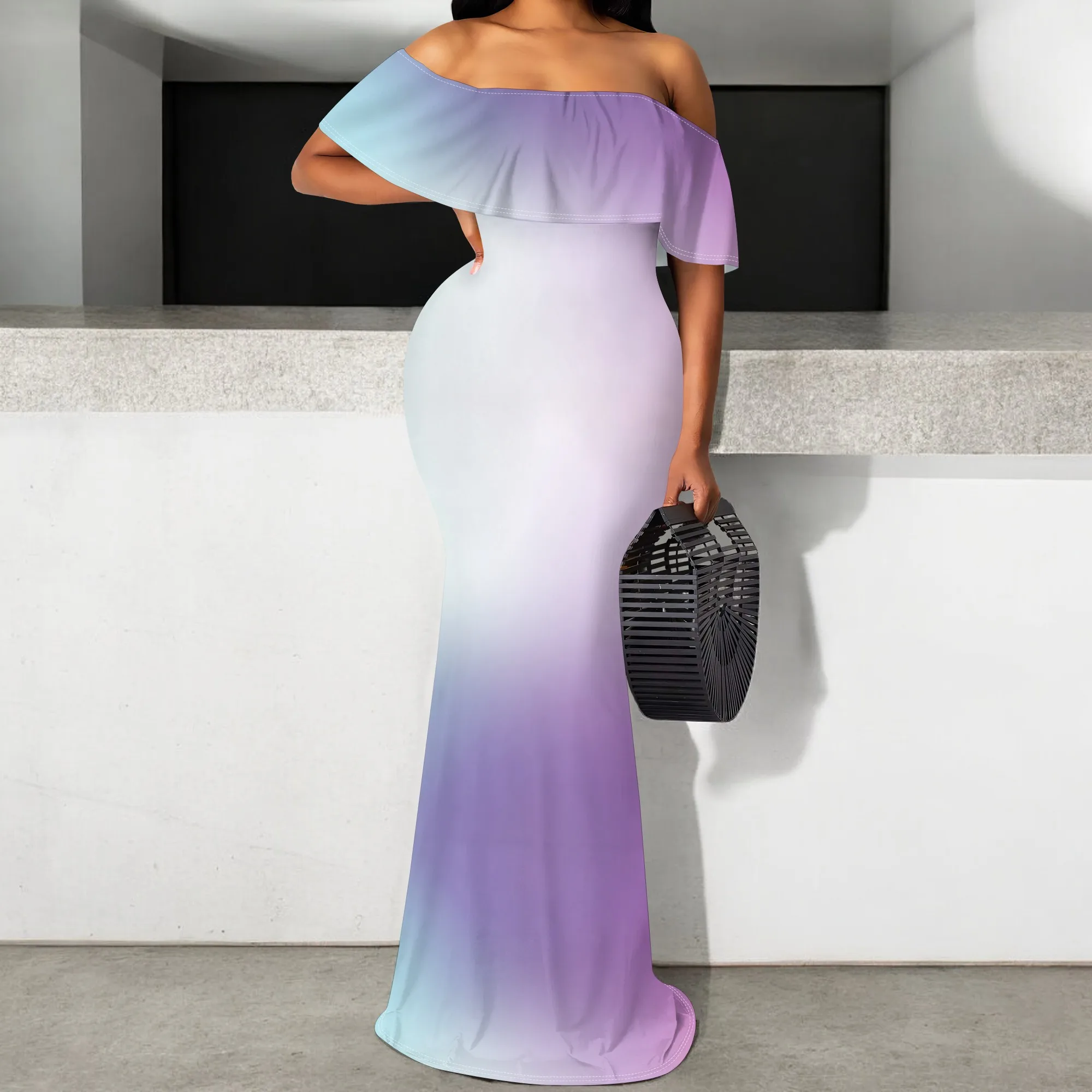 

Ombre Gradient Maxi Dress for Women 2025 Sexy Off Shoulder Ruffle Mermaid Fit Evening Gown S-3XL
