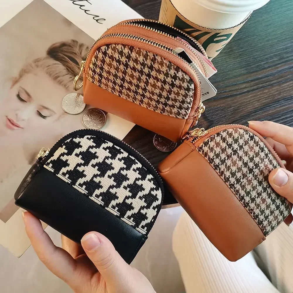 Women Small Wallet Houndstooth Fabric Embroidery Canvas Leather Card Holders Bags Double Layers Zipper Mini Key Coin Purses