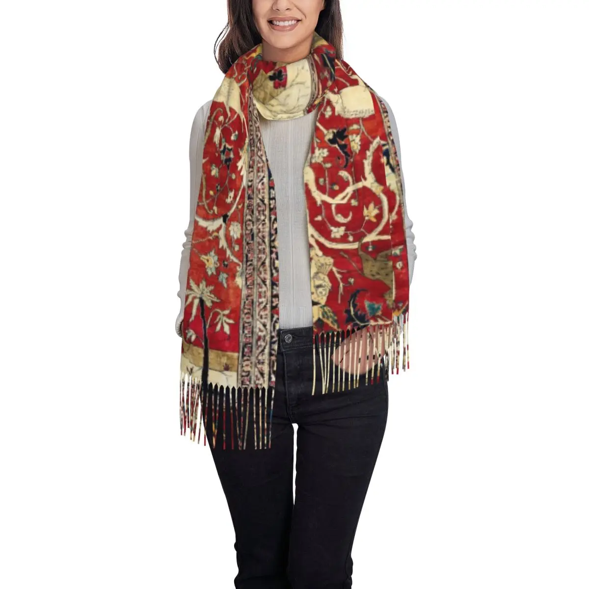 Personalizzato moda bohémien seta antico tappeto persiano nappa sciarpa donna scialli caldi avvolge sciarpe Kilim etniche turche femminili