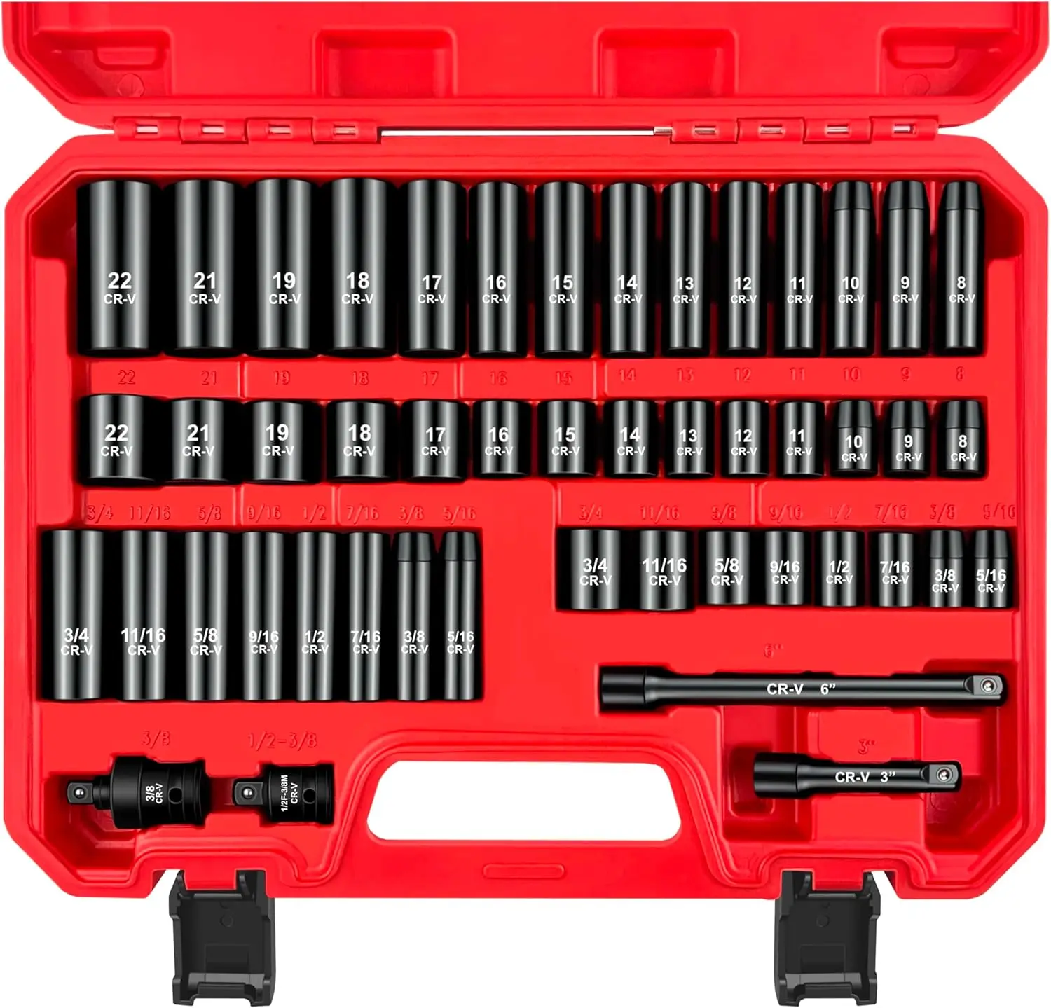 

Набор ударных торцевых головок 3/8 дюйма, 48 предметов, с удлинителями, глубокие и неглубокие головки SAE/метрические, сталь Cr-V
