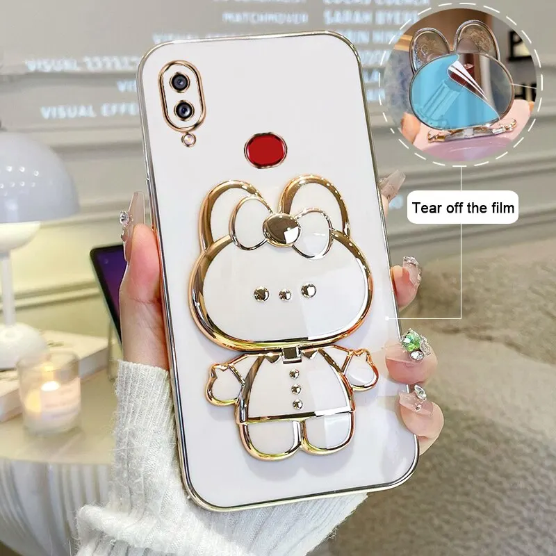 Makeup Mirror Phone Case For Samsung Galaxy A10S Plating Cartoon Rabbit Folding Bracket Phone Protection Case Cover