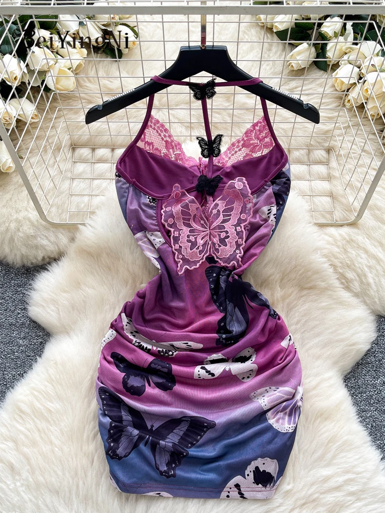 Beiyingni セクシーなナイトパーティーボディコンドレス女性花柄レーススプライシングホルターミニドレスレディースカジュアルストレッチ Vestidos