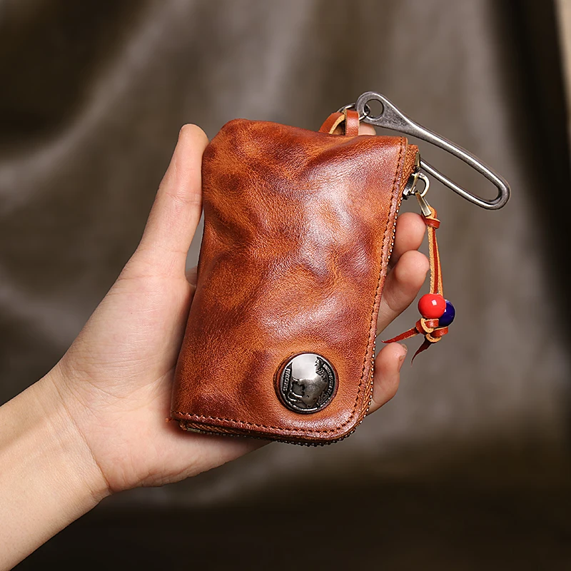 First Layer Leather Key Wallet for Men Short Vintage Handmade Car Key Holder Coin Purese Card Case Bag Organizer Housekeeper