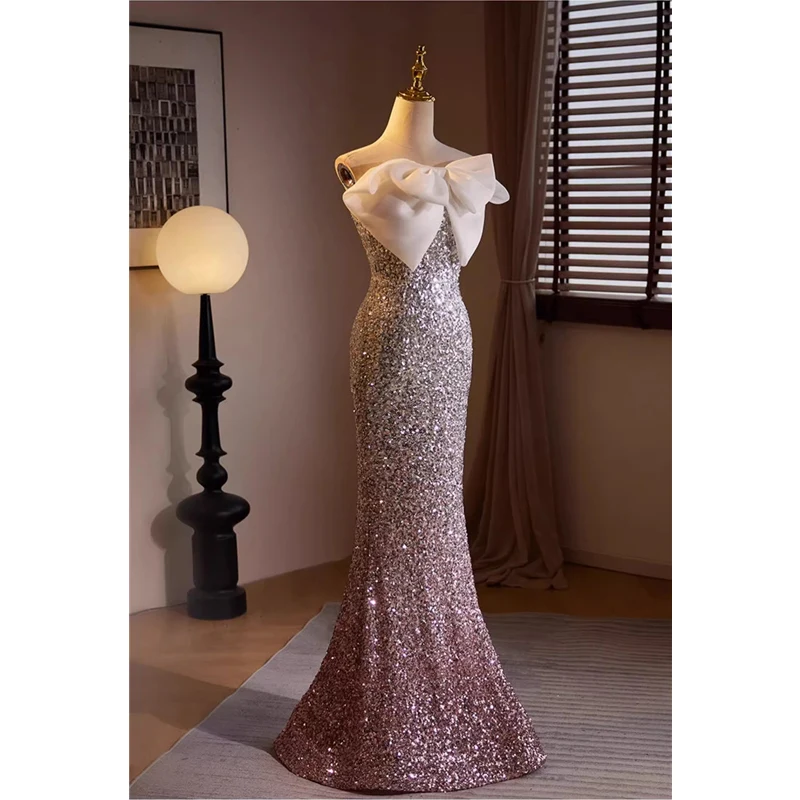 Bespok Occasion Dresses Gradient Sequins Gray Champagne Bow Strapless Mermaid Floor-length Plus size Women Evening Party Gown