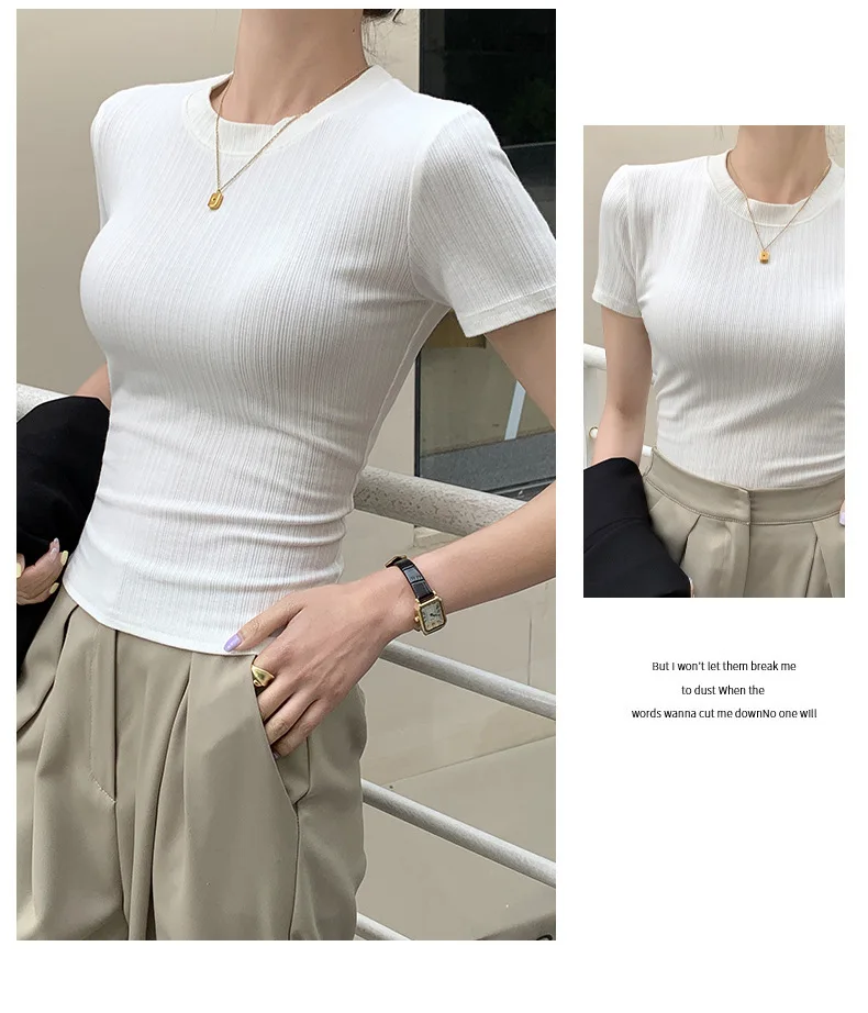 Sommerliches neues Damen-Rundhals-T-Shirt, gestricktes Kurzarm-Oberteil, lässiges Allround-T-Shirt, gestreiftes Basic-Shirt, schmal geschnitten, atmungsaktiv – Detail 13