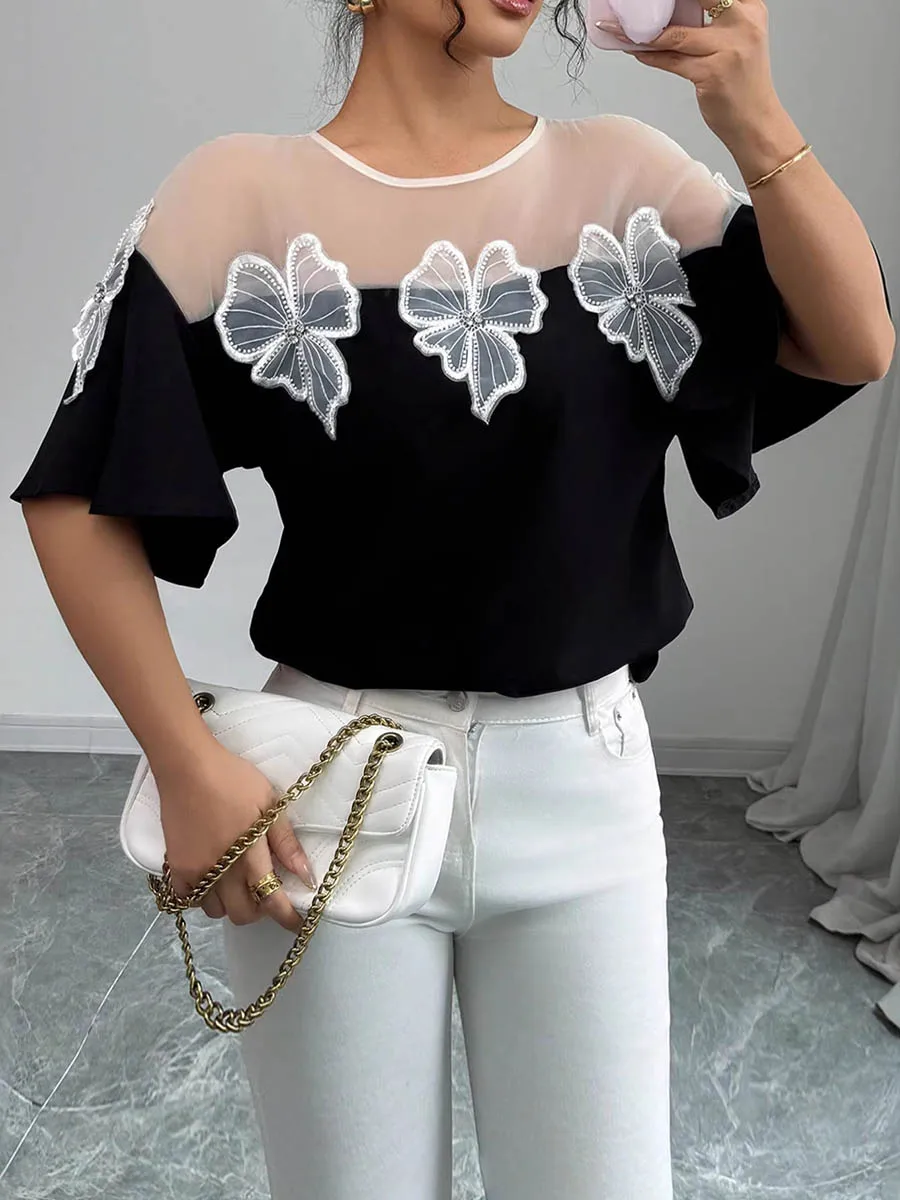 Onecozyday Women's Sheer Mesh Patchwork Short Sleeves T-shirt Flower Appliqued Round Neck Loose Fit Shirt Summer Stylish Blouse