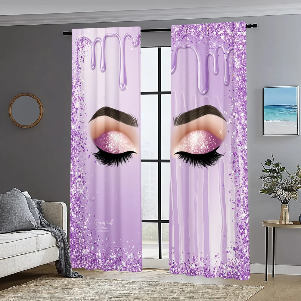 2pc, Curtain European and American purple sparkling crystal eyelash pattern Durable 100% Polyester Fabric,Without Electricity