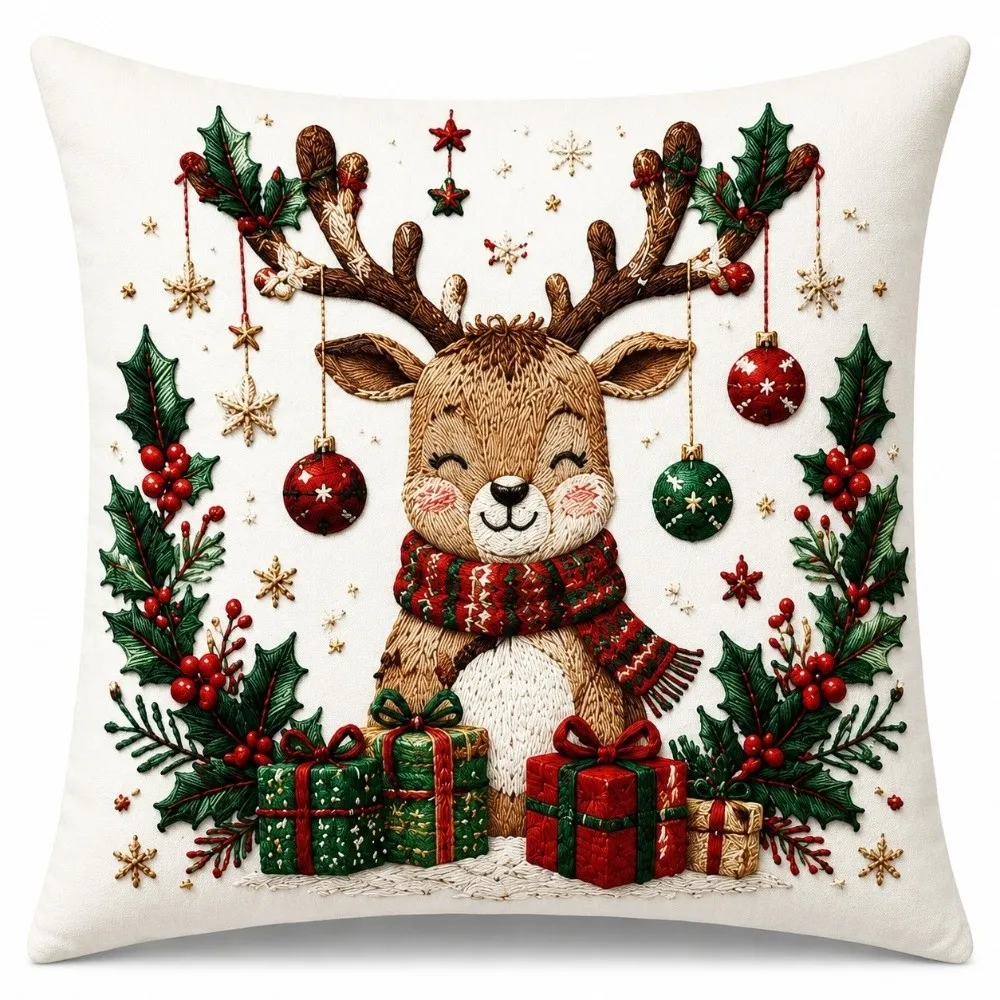 Reindeer 45cm 17in 3D Illusion Christmas Pillow Covers Soft Comfortable Xmas Pillowcase Skin-friendly Cushion Cover Sofa