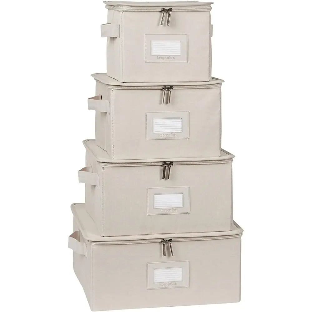 Stackable Dinnerware Storage Set with Dividers, Dual Zips, Reinforced Handles, ID Window, Beige Heather