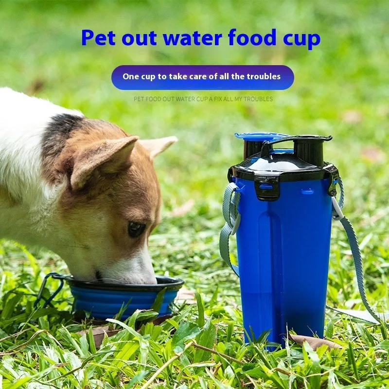 

Portable Dog Water Food Bowl with Shoulder Strap Collapsible Pet Travel Cup 2 in 1 Outdoor Feeding Dish for Puppy Cats
