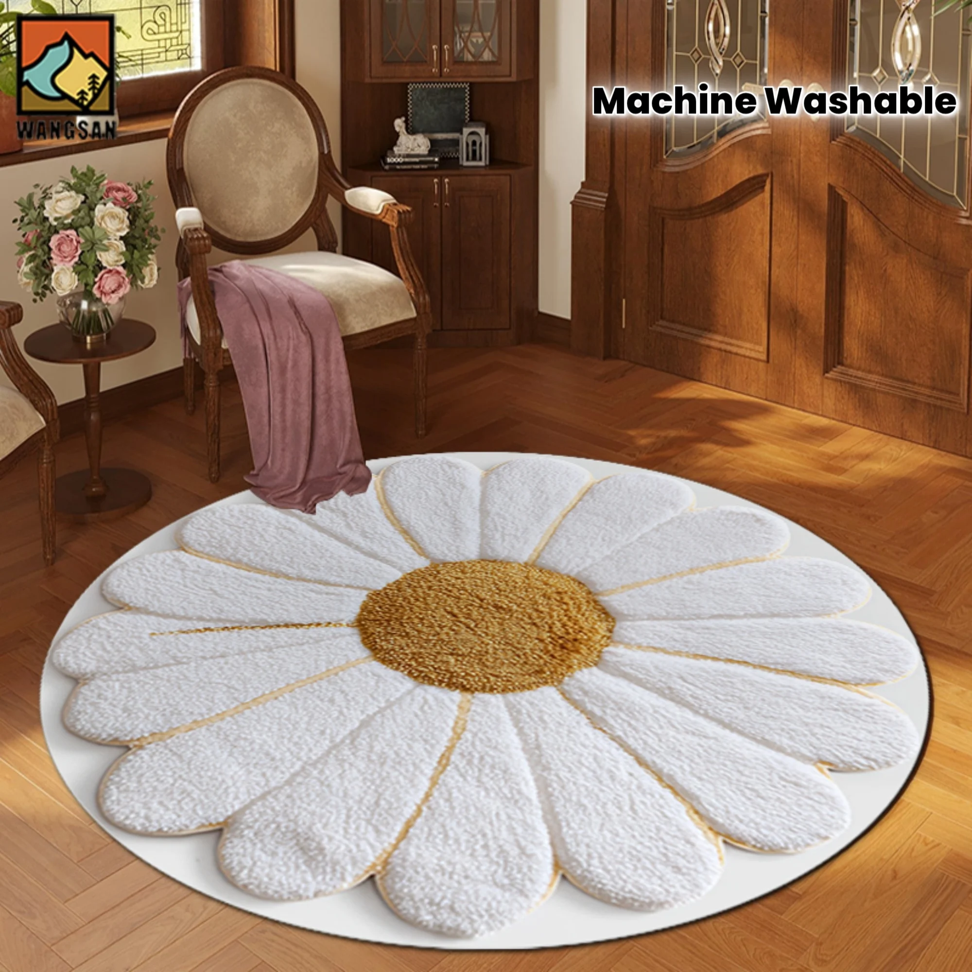 Machine Washable Daisy Flower Shaped Round Rug Flannel White Petals Yellow Center Soft Cozy Living Room Bedroom Decor
