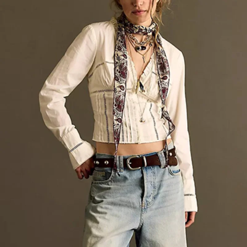 

Vintage Chic Shirt Sweet Designer Trendy Stylish Lady Hollow Out Tops Autumn Inner Wear Retro Casual Chic Fall Women Outfit