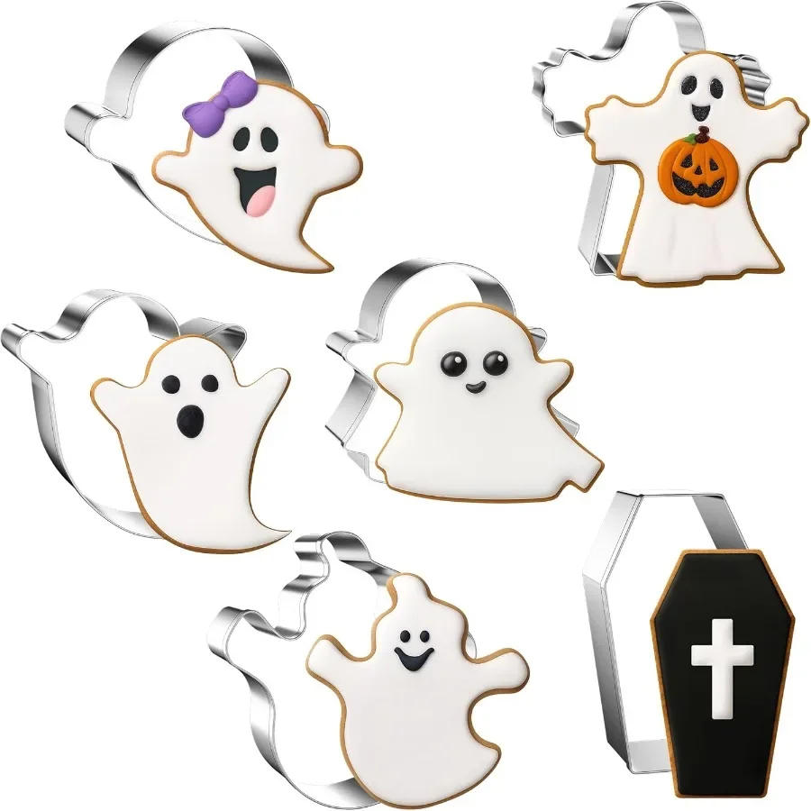 

6 шт., формочки для печенья с призраком на Хэллоуин, 3 дюйма, формочки для печенья в форме Хэллоуина, формочки для печенья в форме гроба с призраком, праздничные формочки для печенья, формы