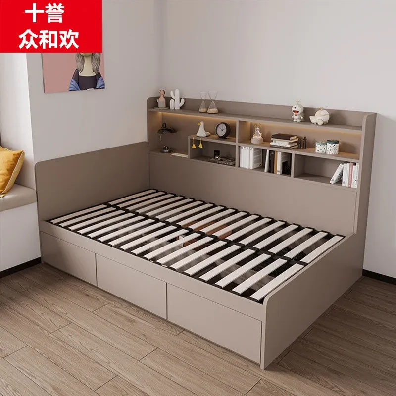 Modern Simple Tatami Bed with Storage Box Body and Bookshelf High Box Air Pressure Bed for Small Apartment Plate Type Design
