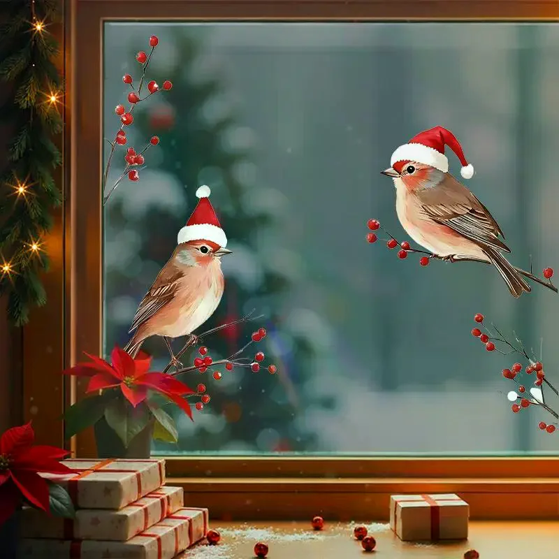 1PC Three Birds In Santa Hats Window Stickers Christmas Theme Red Berry Branches Decorative Wall Stickers For Glass And Window