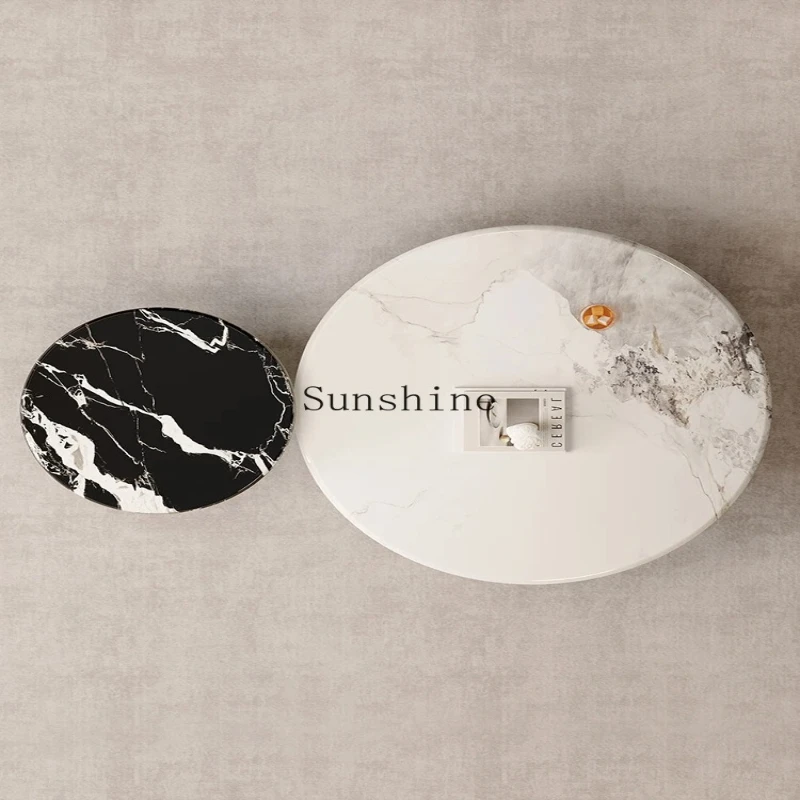 

Italian minimalist home high-end modern light luxury living room round rock slab coffee table