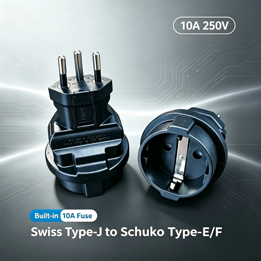 Swiss 3‑Pin Type‑J SEV1011 to Schuko EU Power Adapter 10A 250V Built‑in 10A Fuse IEC Socket Converter Plug