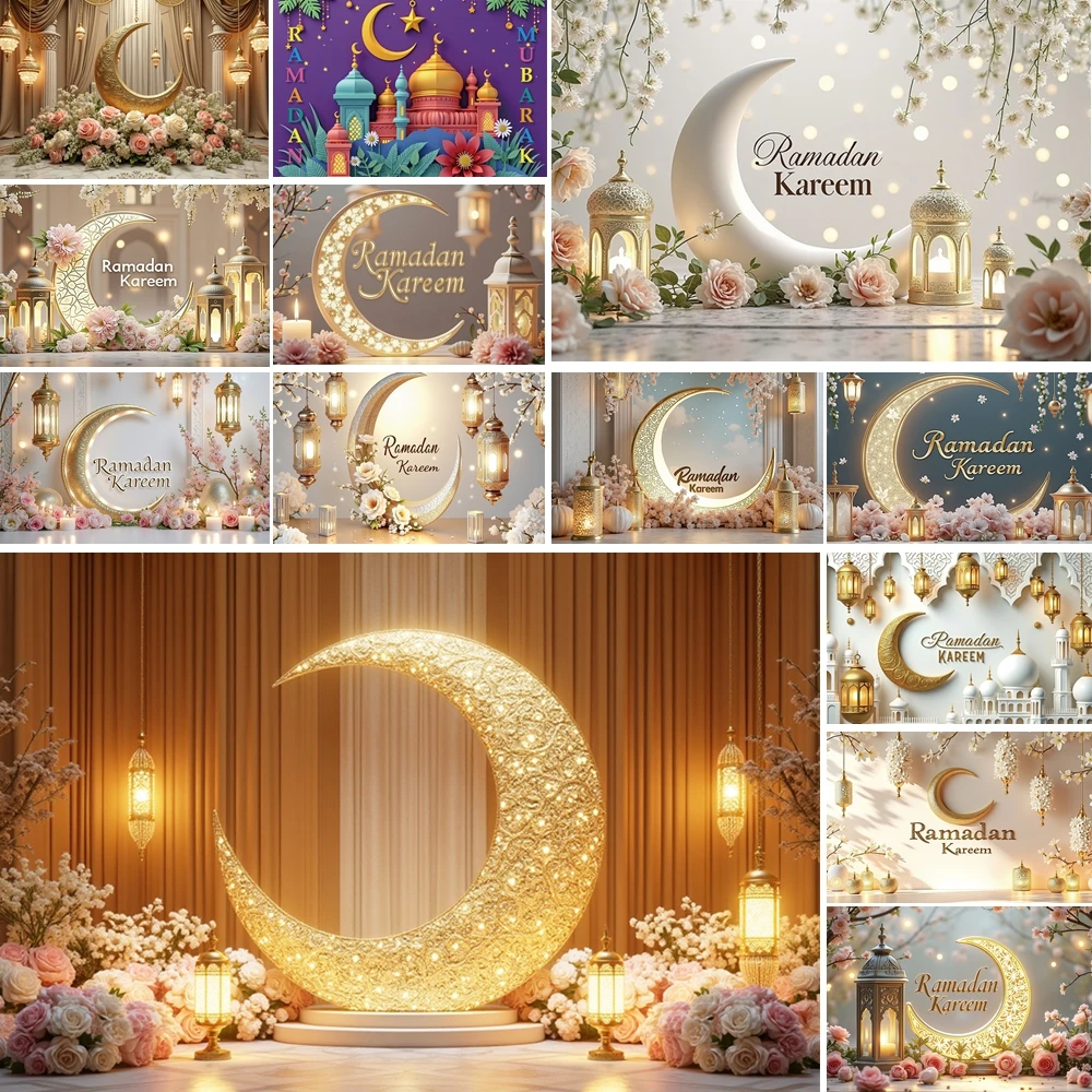 

MOON.QG Ramadan Kareem Background Illuminated Moon Lantern Floral Garland Backdrop Decor Photo Studio Photography Accessories