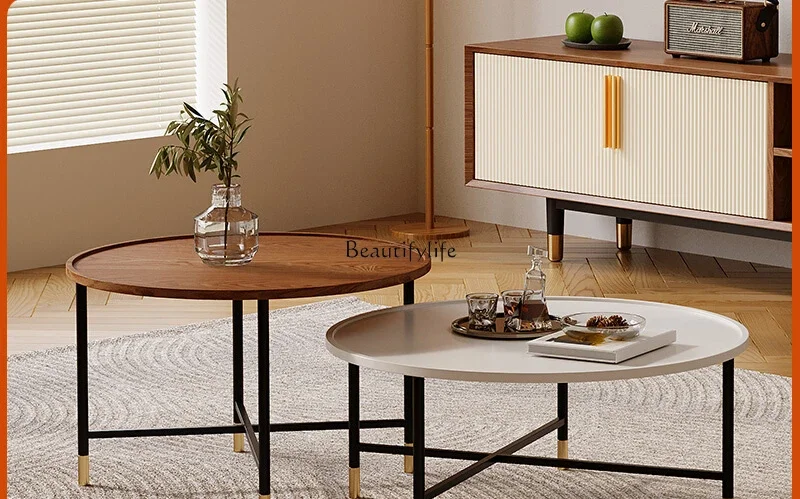 Retro round small coffee table size high and low combination metal foot TV cabinet