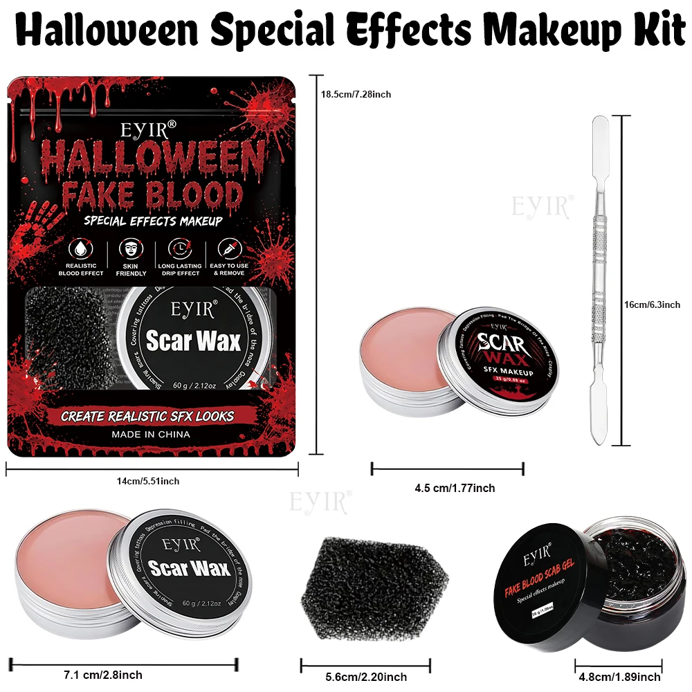 EYIR 60g Scar Wax 30g Scab Gel Halloween Special Effects Makeup Kit Fake Wound Blood Effect with Spatula Sponge Cosplay Party