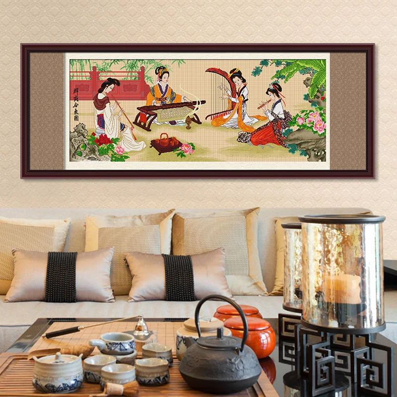 Vintage Canvas Cross Stitch Kit for Adults, Chinese Classical Court, Beauty Playing the Piano, DIY Embroidery Accessories