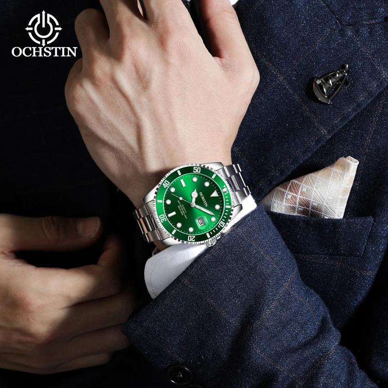 OCHSTIN Men's Navigator Series Wristwatch Man Mineral Hardened Glass Stainless Steel Band Daily Waterproof Luminous Hand Watch