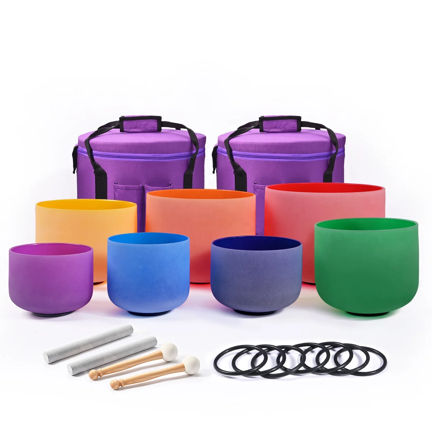 7 Chakra Colorful Quartz Crystal Singing Bowls Set, 432 Hz, 8-14 Inch 7 Pcs Sound Healing Bowls