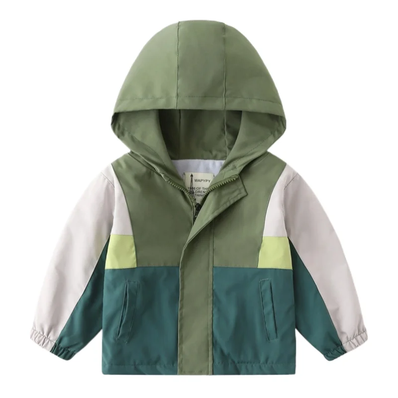 2024 Spring Autumn Boys' Loose-Fit Patchwork Color-Blocked Zip-Up Jacket, Casual Thickened Hooded Windbreaker for Kids, Ages 2-7