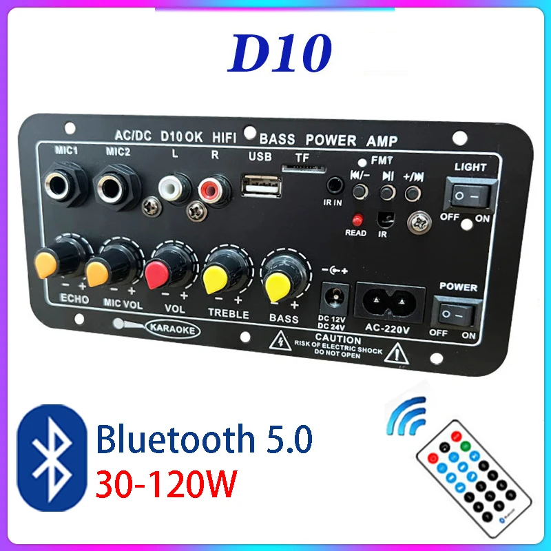 

D10/ D10-II Bluetooth Amplifier Board AUX TF Card USB 30-120W for 4 Ohm 40W Speaker 110V 220V 12V 24V Subwoofer Audio Amp Module